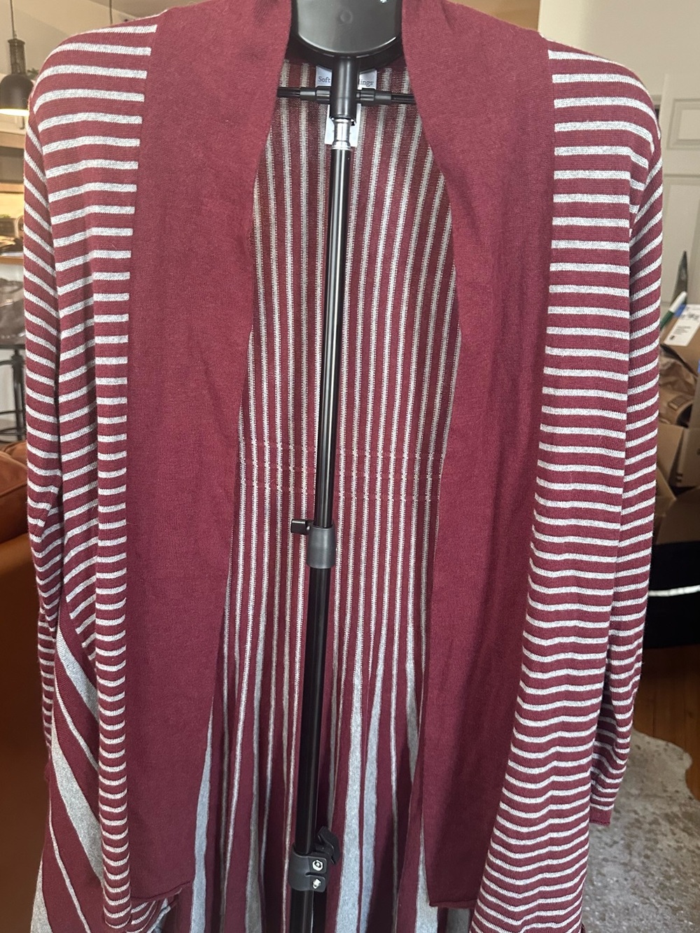 Soft Surroundings Women’s Burgundy and GreyStriped Open-Front Cardigan